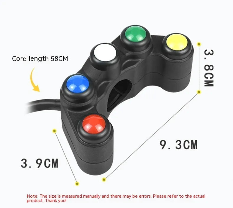 Five-position vehicle rotary switch with red, yellow, blue, green, white buttons for accessory control