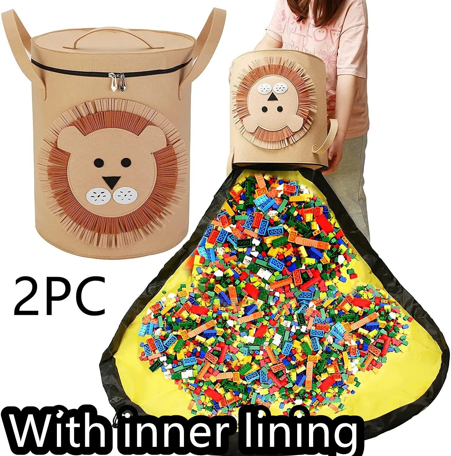 Green felt storage bag cinched closed with pull rope, shown next to it laid flat as a play mat