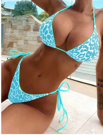 Women's triangle bikini set with lace-up front detail, shown in one of twelve available colour styles