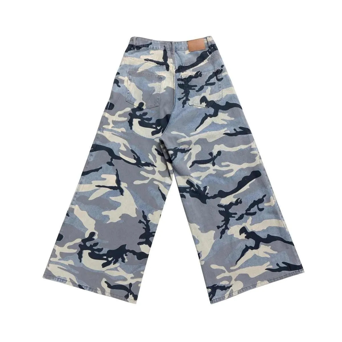 Snow camouflage blue loose fit jeans trousers with cotton elastic denim fabric