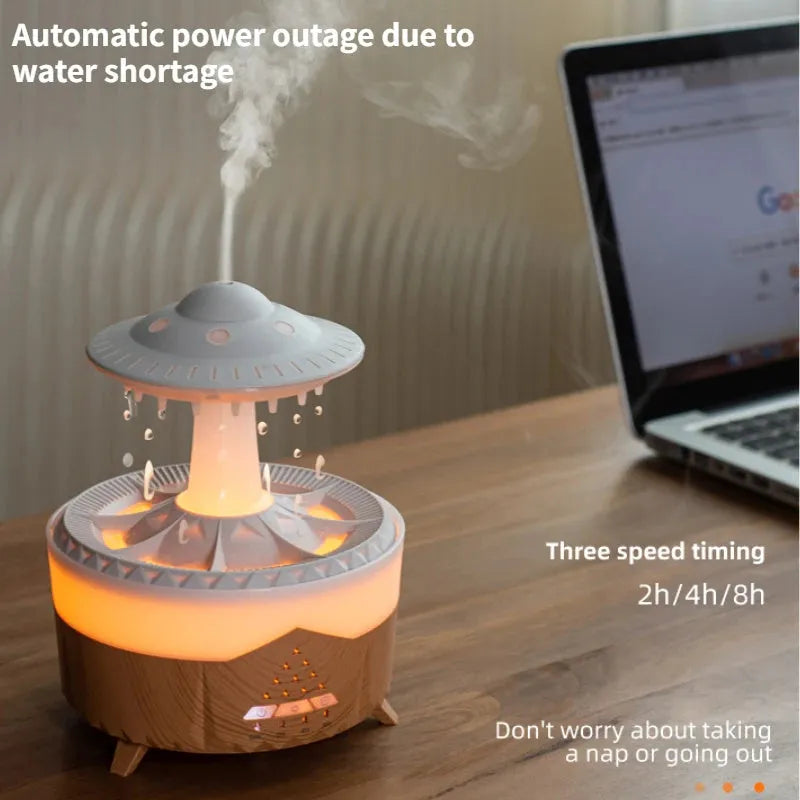Raindrop humidifier with 350ml capacity, 7 colour nightlight, and essential oil diffuser in white finish
