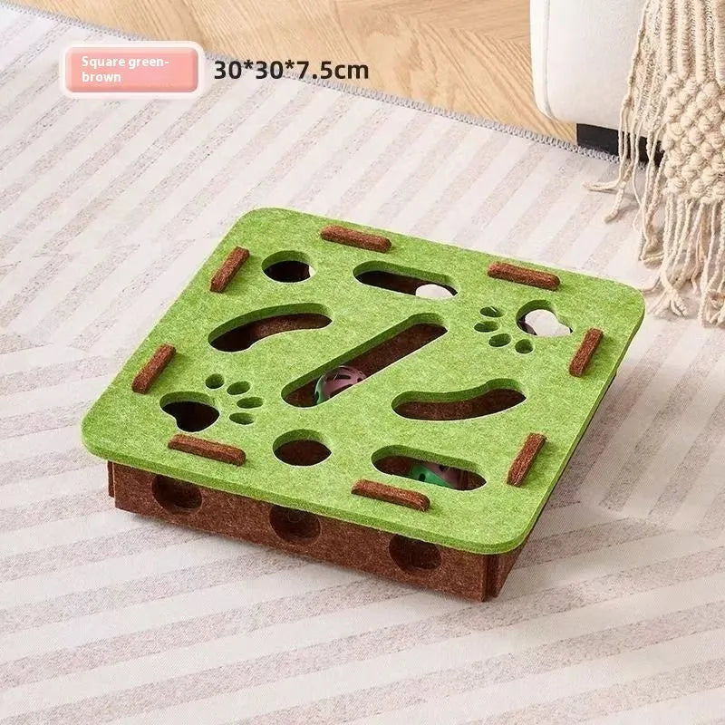 Handmade felt cat toy box in green brown colour, dimensions 30x30x7.5 cm