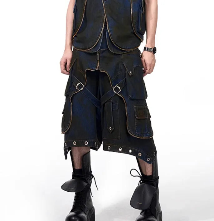 Blue hooded denim vest coat and matching trousers laid flat, showing zip front and Korean style design