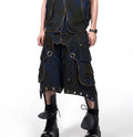 Blue hooded denim vest coat and matching trousers laid flat, showing zip front and Korean style design