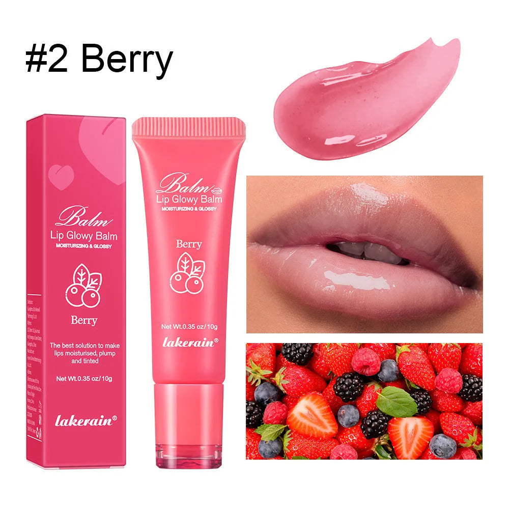 Women's lip gloss with four flavour options: berry, grape, grapefruit, and yellow peach