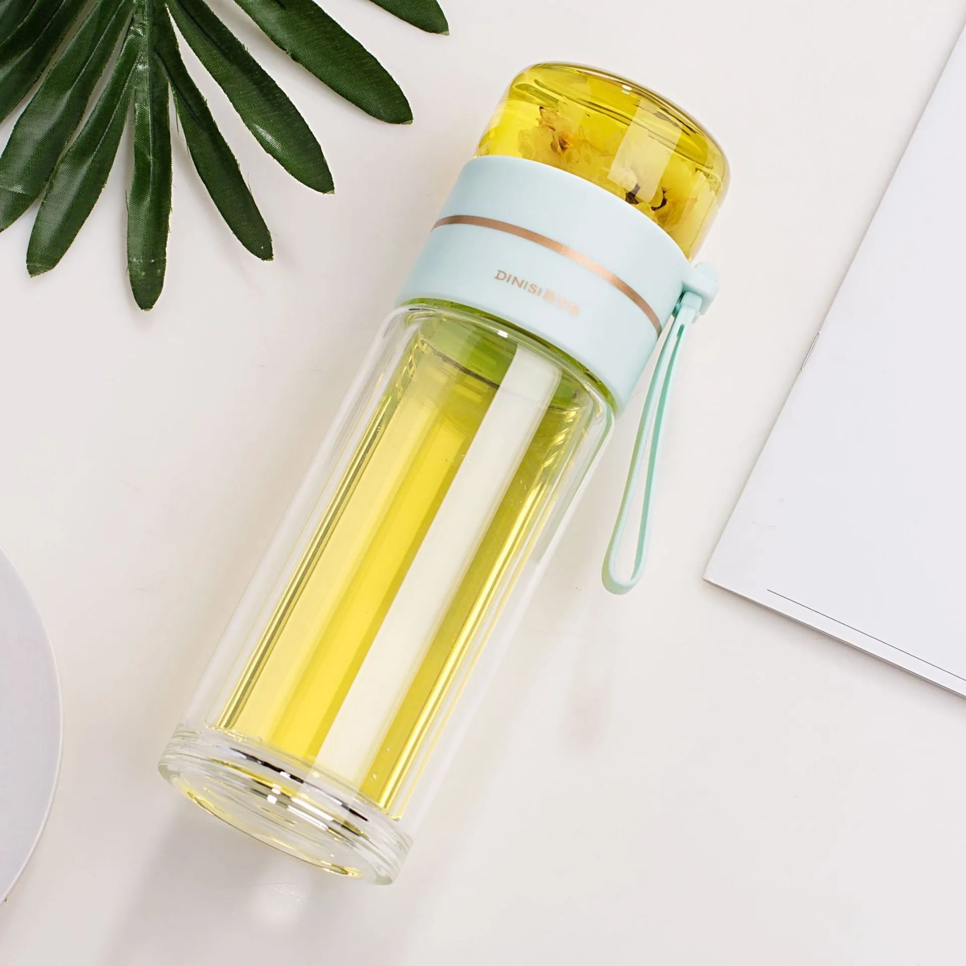 Double wall glass water bottle with tea infuser filter, leakproof, high borosilicate, stainless steel strainer, portable rope, 400ml