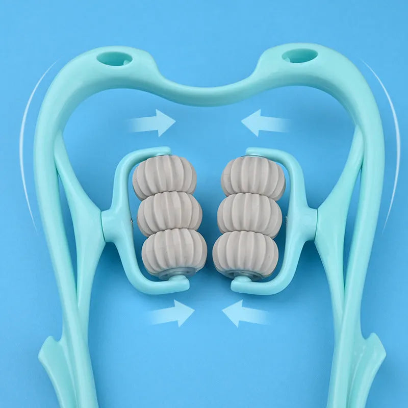 Blue plastic handheld massager with six rotating wheels for neck and shoulder tension.