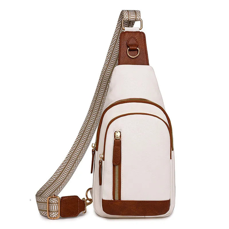 Small brown PU leather crossbody bag with sewing thread details and zip compartments