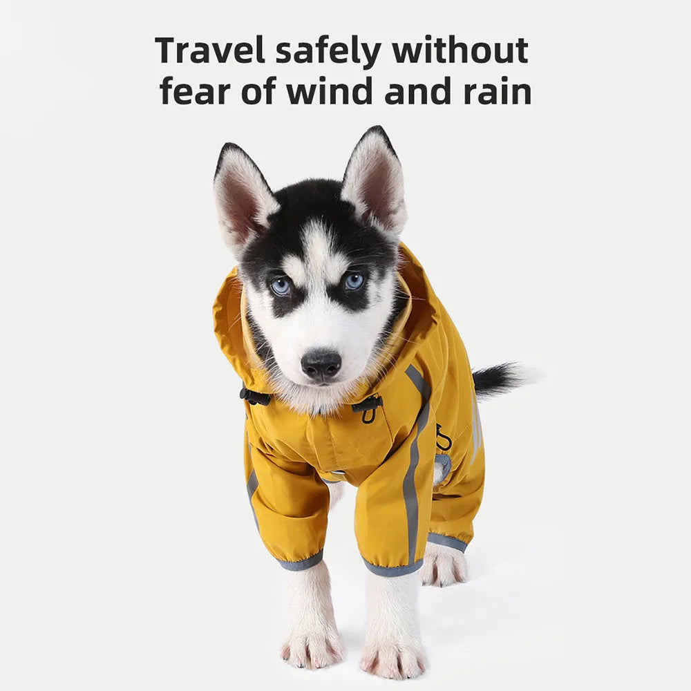 Waterproof dog raincoat with reflective strips, hood, and four-leg design for small medium dogs