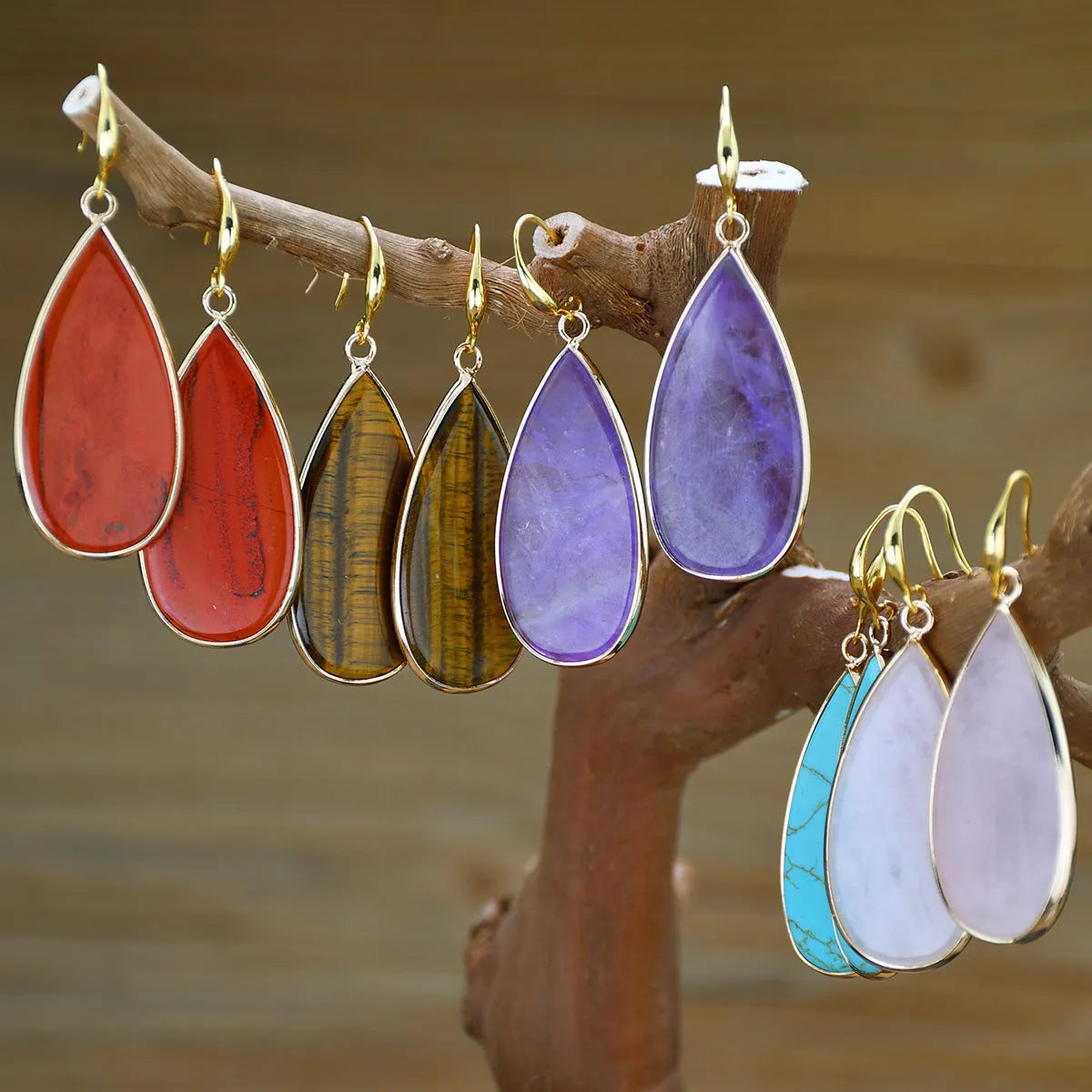 Handcrafted vintage stone water droplet earrings in tigereye, amethyst, pink crystal, redstone and turquoise colours