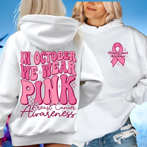 Pink Breast Cancer Awareness hooded sweatshirt with retro pattern and side seam pockets