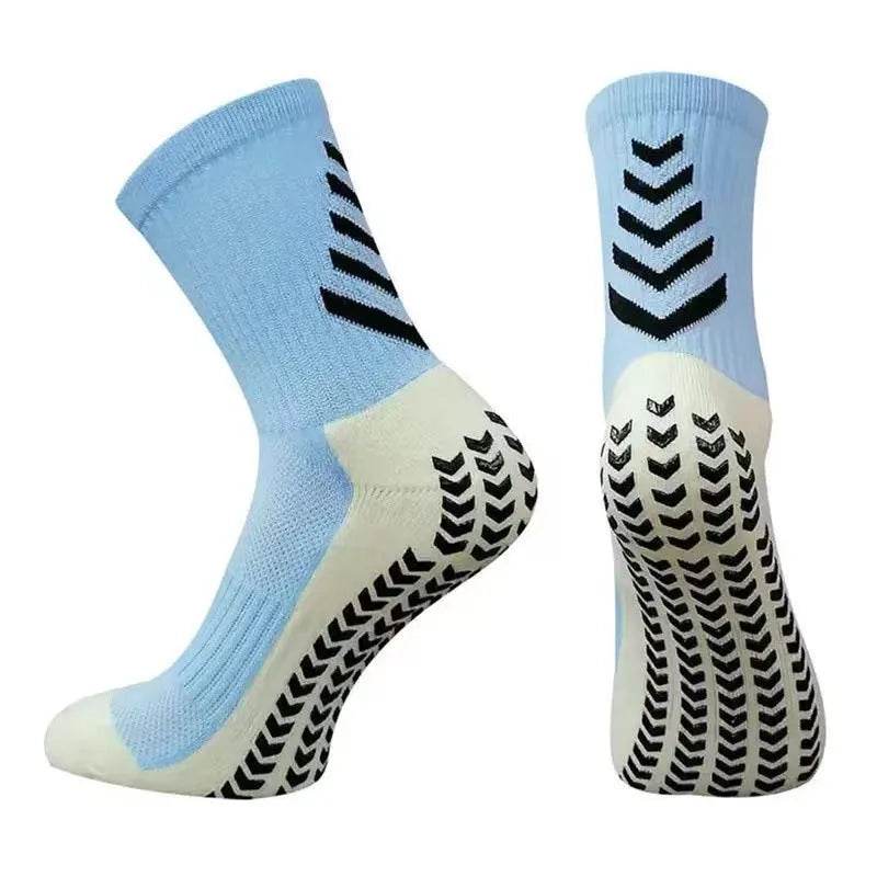 Men's mid-calf athletic socks with geometric patterns and silicone anti-slip grips