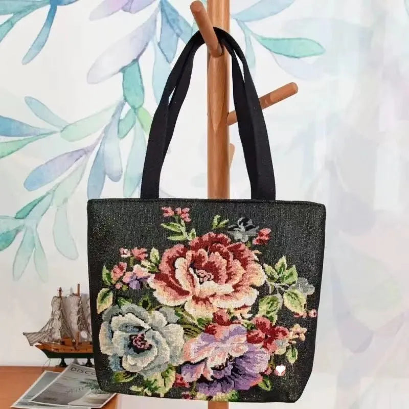 Double-sided gold wire embroidered canvas tote bag showing Bunny design with reinforced base