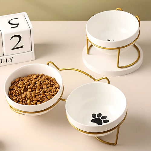 Ceramic cat bowl with iron stand in cat footprints or fishbone pattern design