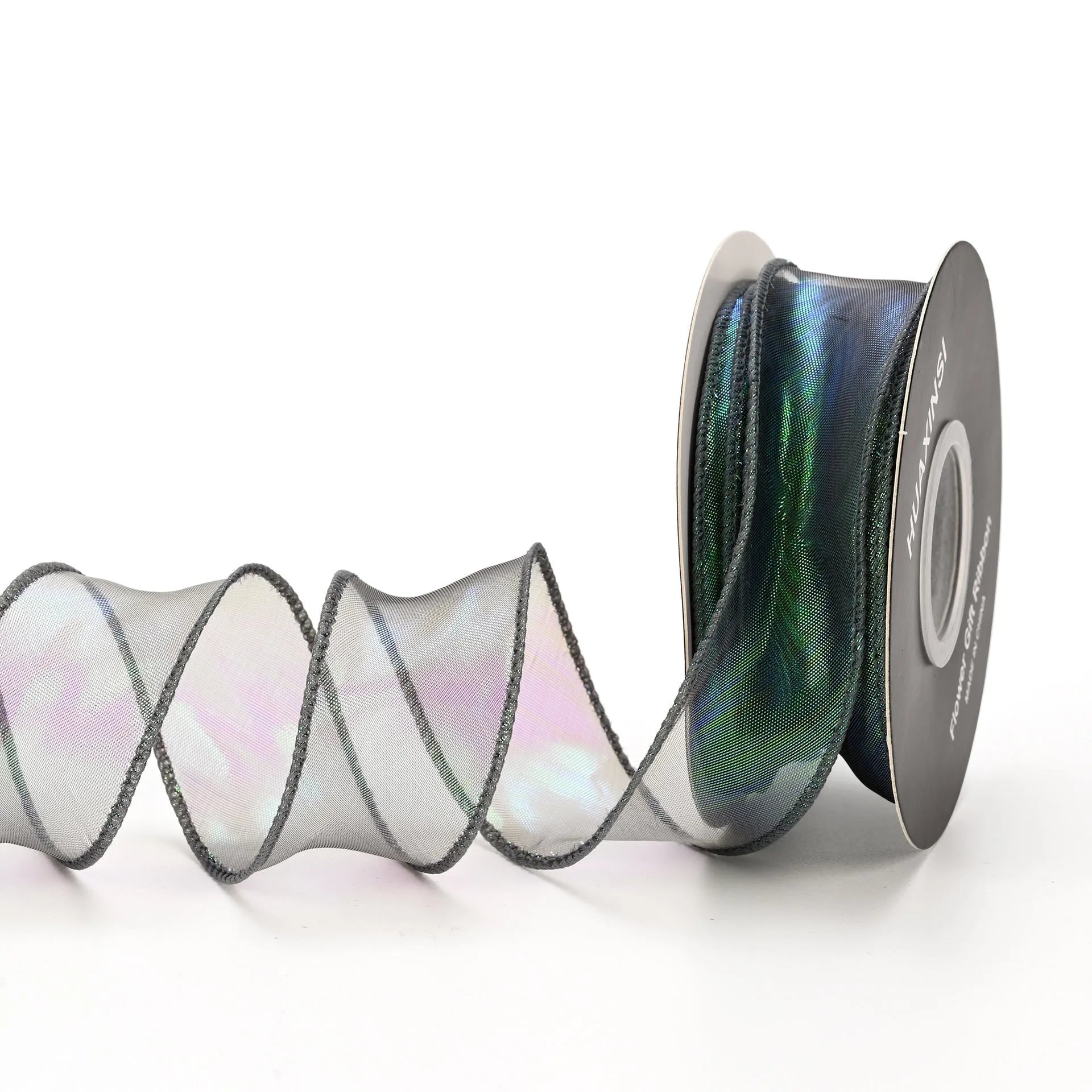 Fishtail yarn wave ribbon in various illusion colours showing 4cm width and textured mesh construction