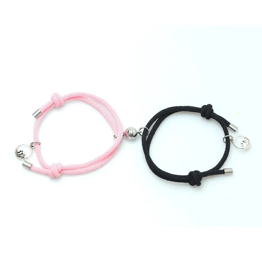 Alloy eachother couple bracelet set with magnetic buckle and carved mountains and rivers charm, adjustable size, colour beige black