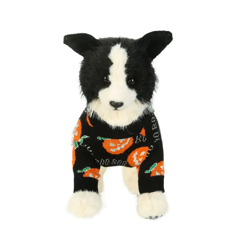 Black Halloween dog sweater with orange pumpkin pattern print, pullover style with four leg holes