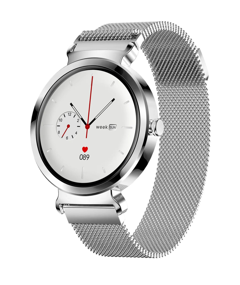 Women's zinc alloy smart bracelet with 1.28-inch screen showing Android iOS compatibility and multiple colour options
