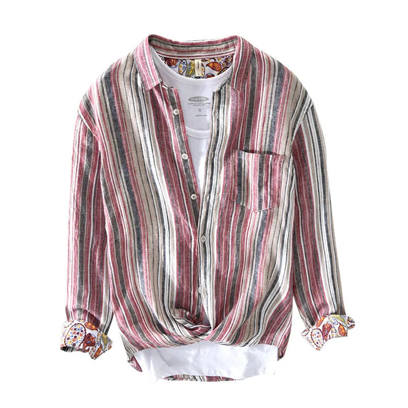Men's striped linen shirt in red or grey with long sleeves and loose fit casual design