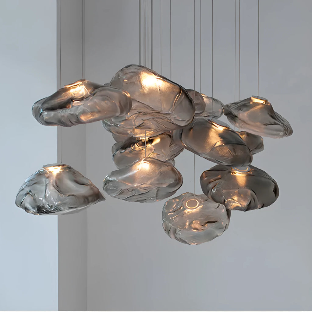 Modern glass decorative chandelier with LED lighting in amber, clear or smoke grey colours