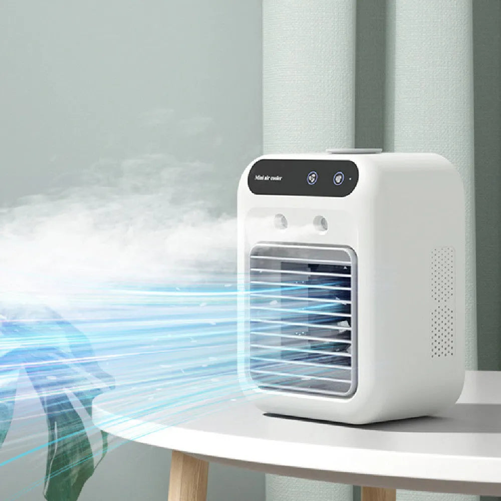 Ivory white portable air cooler with water cooling and atomization, USB powered, touchscreen control, 25W