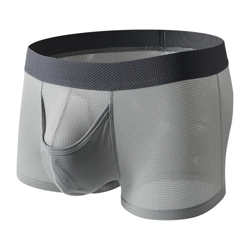 Men's solid colour ice silk boxer briefs with a low waist and mesh knit fabric.