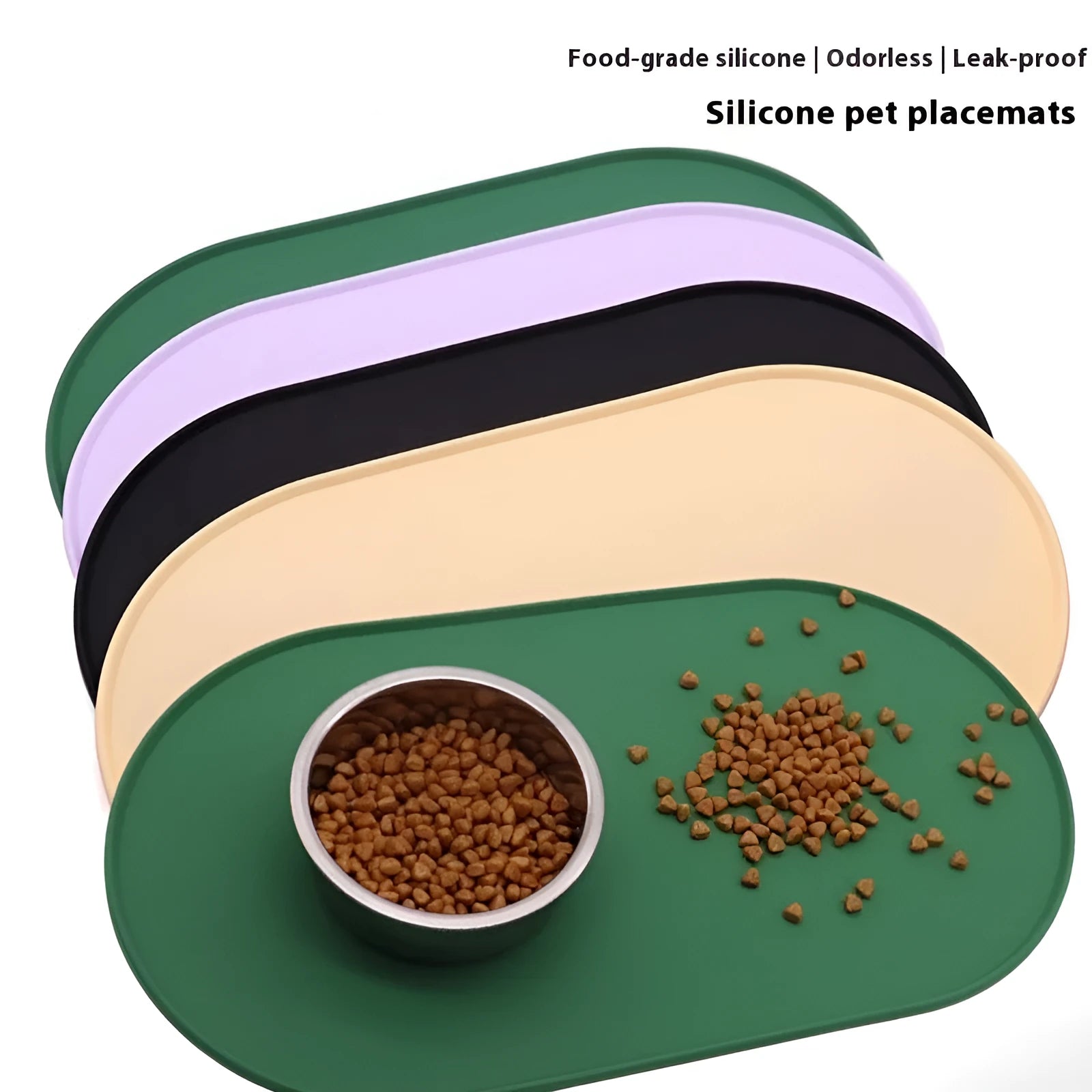 Green silicone waterproof cat feeding placemat with non-slip backing under a food bowl