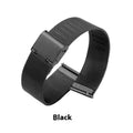 Milani silk woven stainless steel watch band showing silver, black, rose gold, and gold colour options