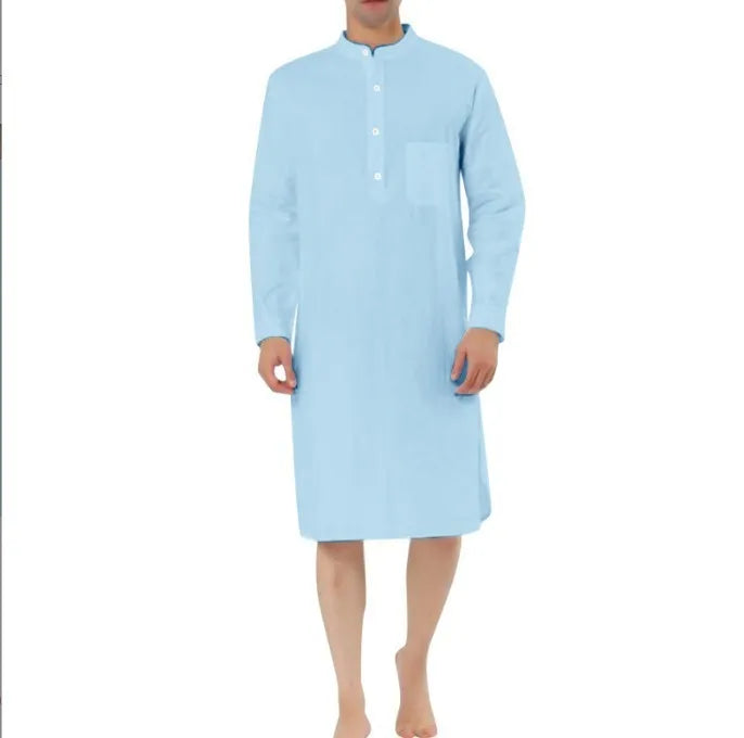 Men's button-front cotton robe in light blue with large patch pockets, shown in size medium.