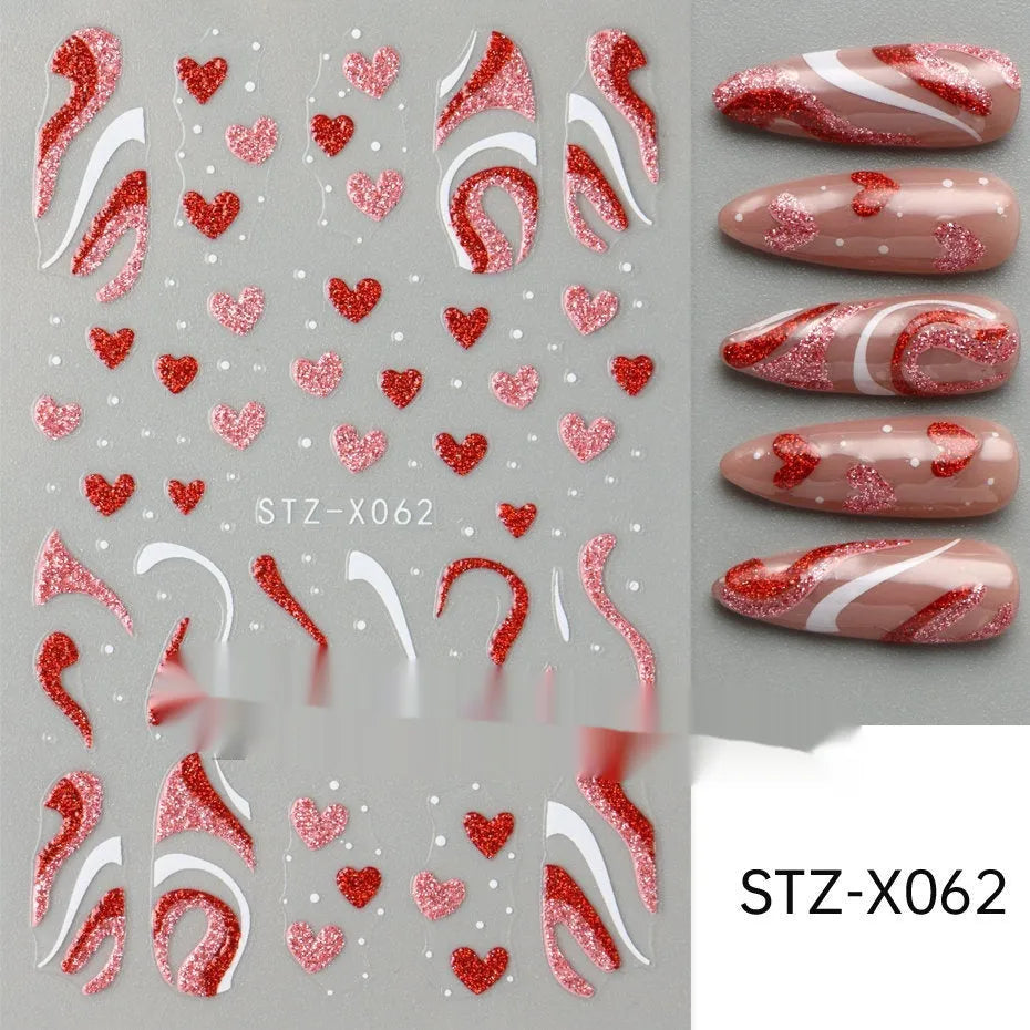 Sheet of black and silver strip nail art stickers with cartoon and love heart designs