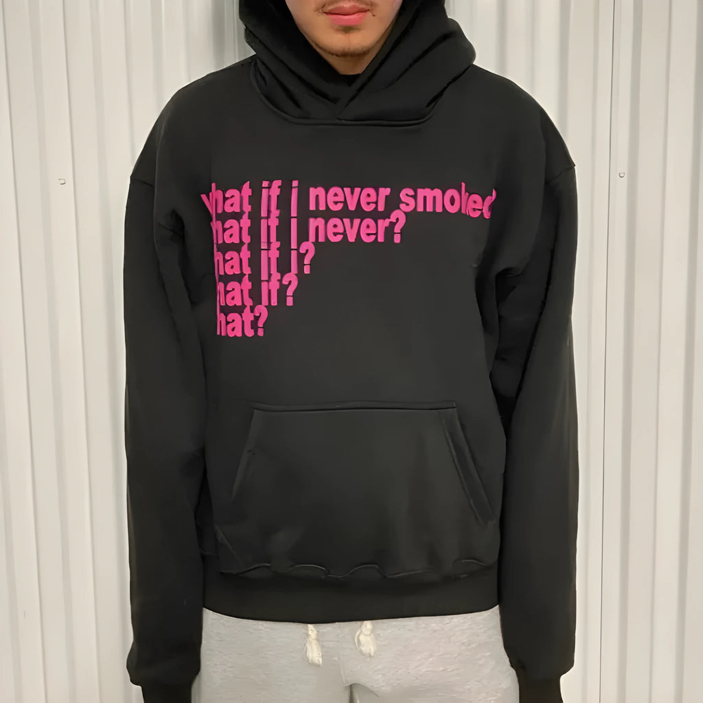 Black heavyweight hooded sweater with a graphic letter print on the front.