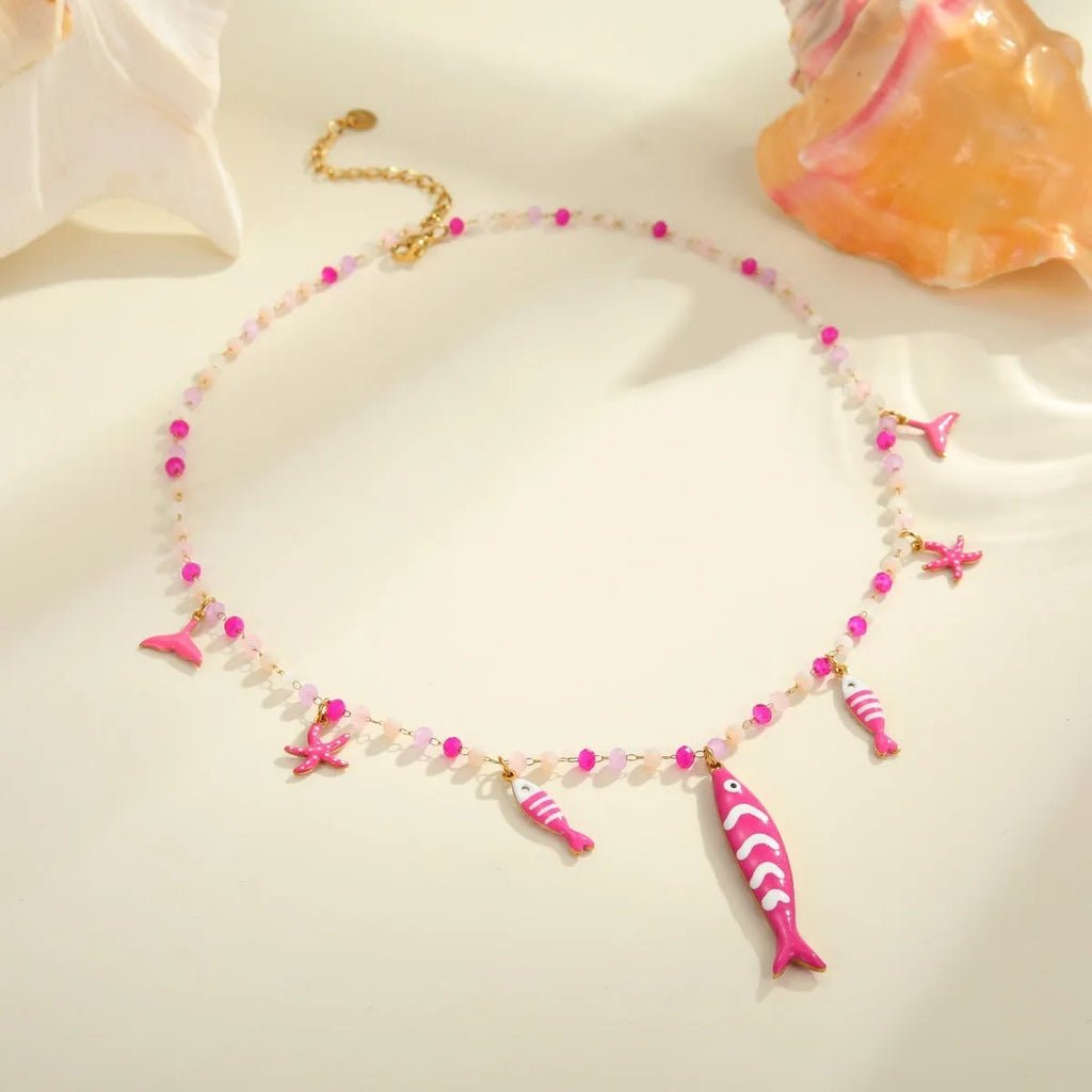 18K gold plated stainless steel necklace with oil dripping fish pendant and coloured beads on adjustable chain