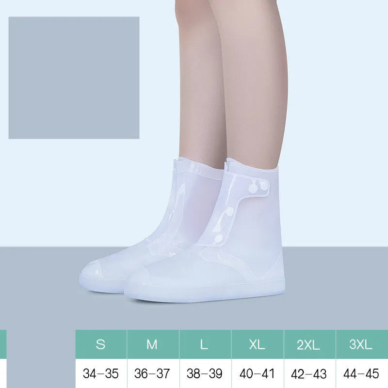 White high-top PVC reusable waterproof shoe covers for women with size chart showing measurements