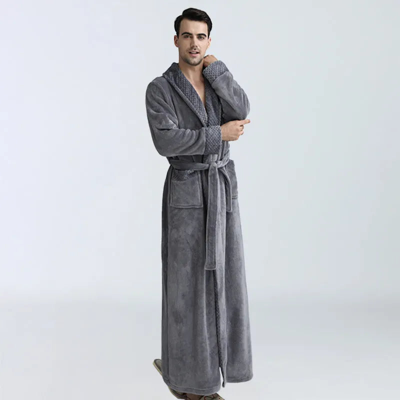 Men's winter flannel nightgown in gray with cardigan style, long sleeves, and knitted texture