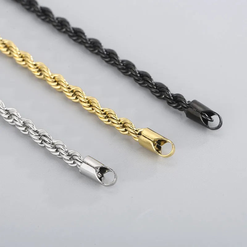 Gold double colour twist chain titanium steel bracelet with geometric design on white background