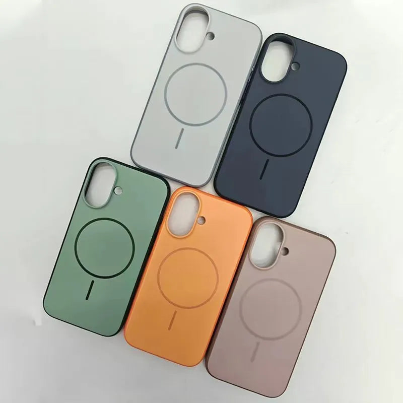 Frosted magnetic phone case for iPhone with a contrasting coloured AI photography button on the side.
