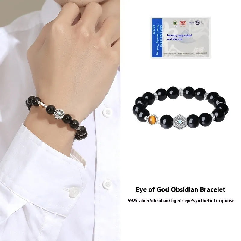Men's God's Eye obsidian bracelet in S925 sterling silver with 8mm geometric beads