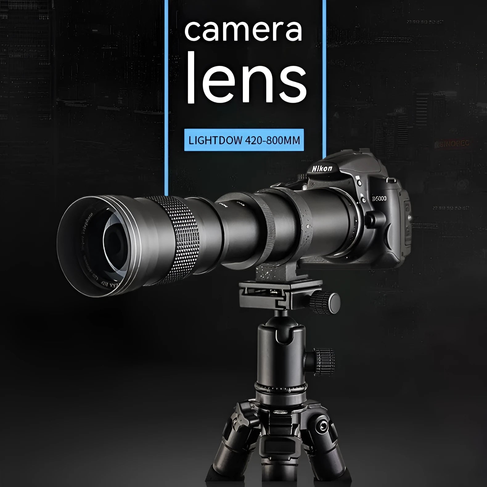 420-800mm manual telephoto zoom camera lens with T-mount adapter on a grey background.