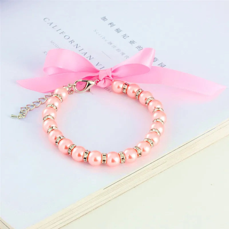 Adjustable small dog pearl necklace with imitation pearls and rhinestones on soft ribbon