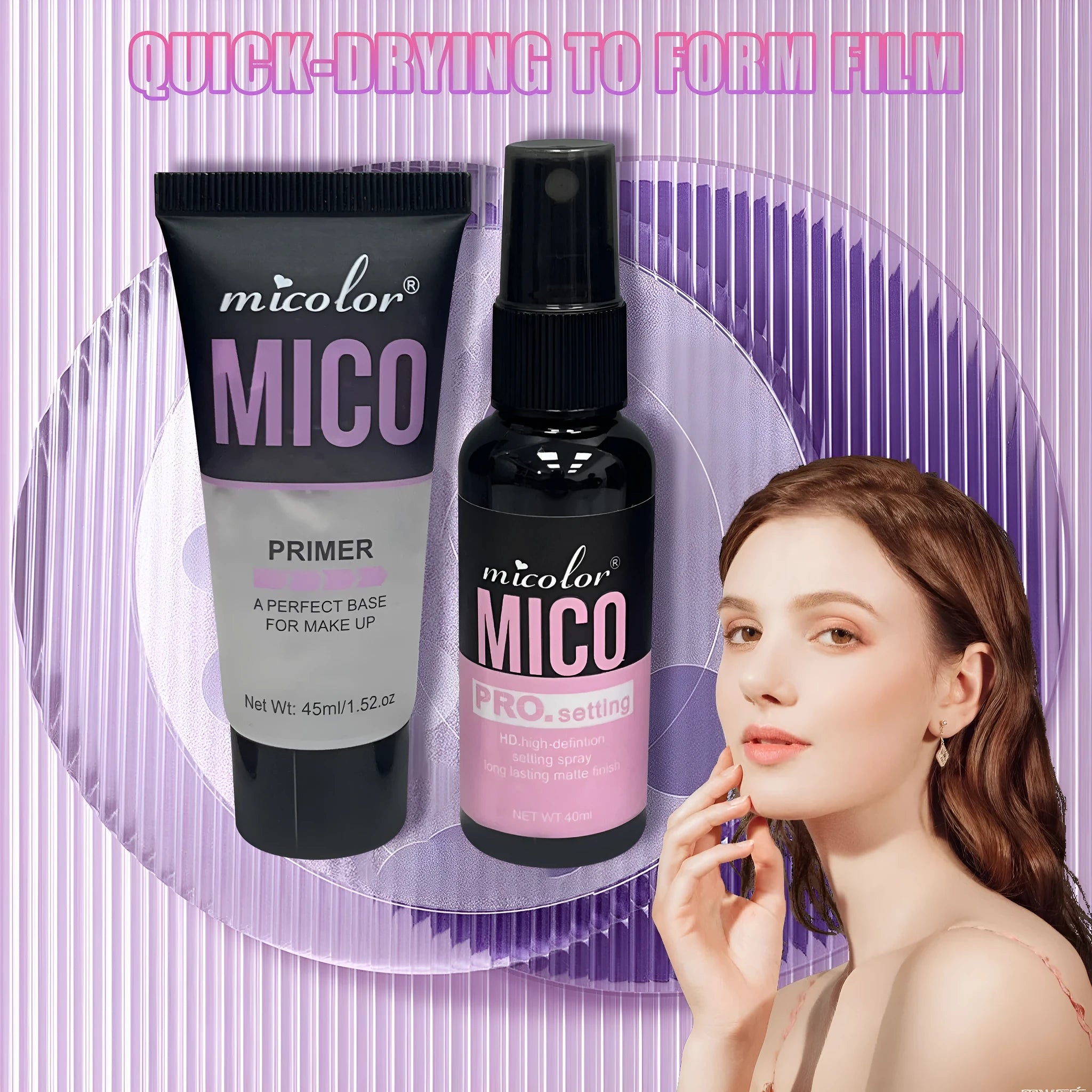 Makeup primer and finishing spray duo set with 45ml and 40ml bottles