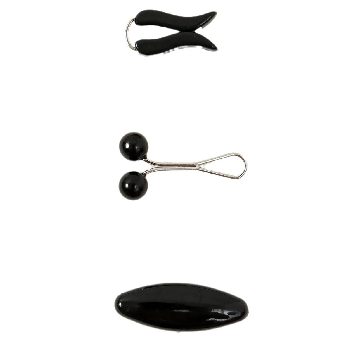 Plastic scarf clip with oval meander pattern and resin drip finish in five colours including black, gray, white, brown, and pink.