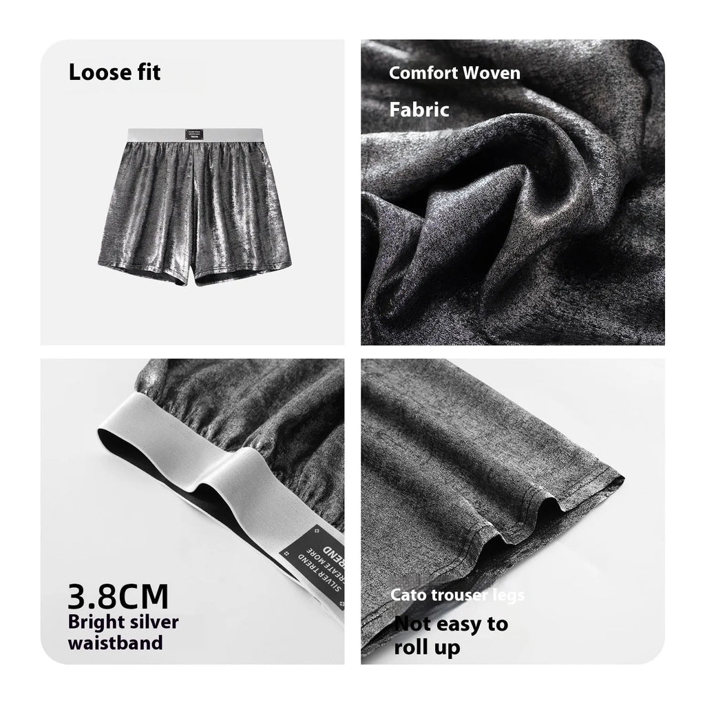 Galaxy reflective bright silver casual woven loose sports underwear in mid-waist design