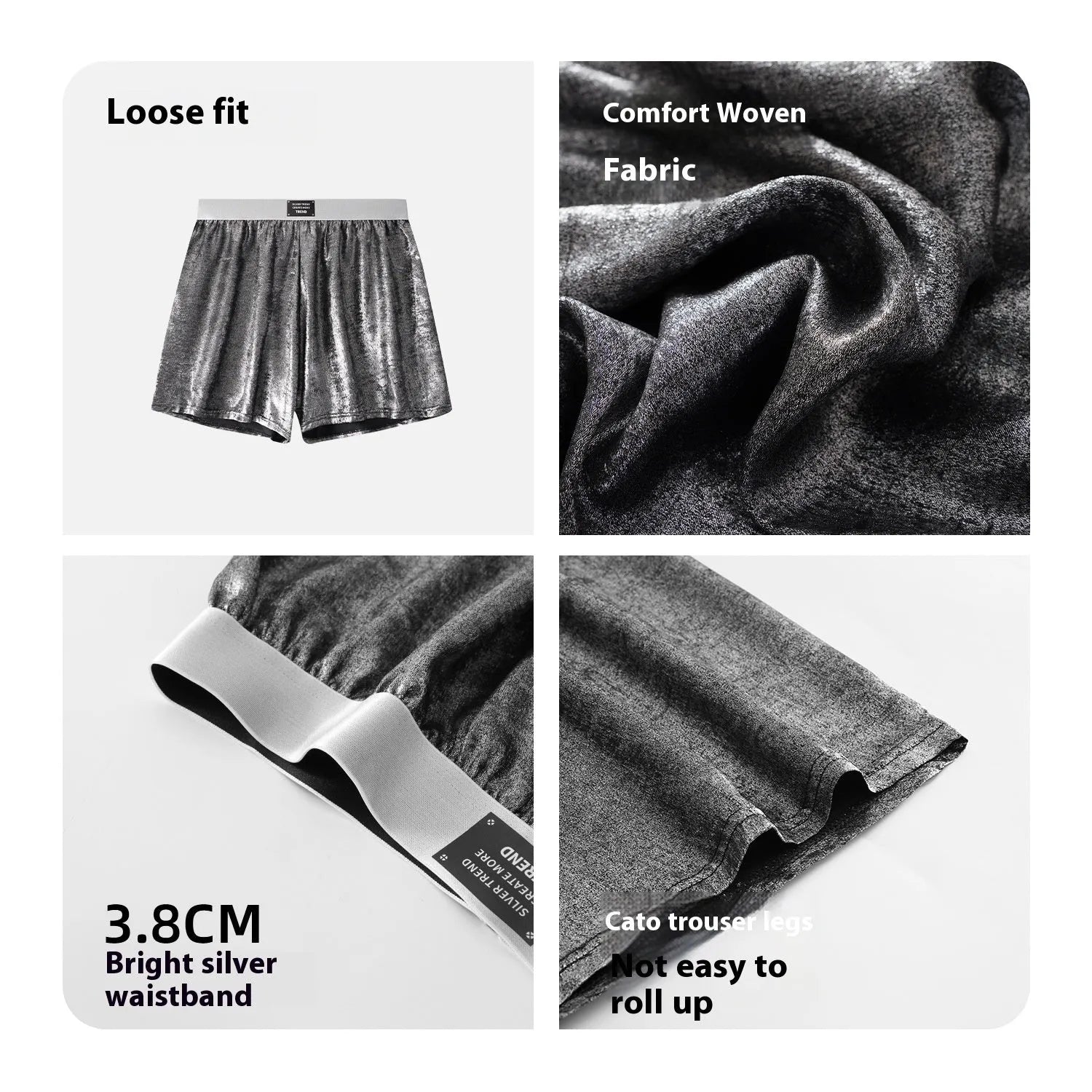 Galaxy reflective bright silver casual woven loose sports underwear in mid-waist design