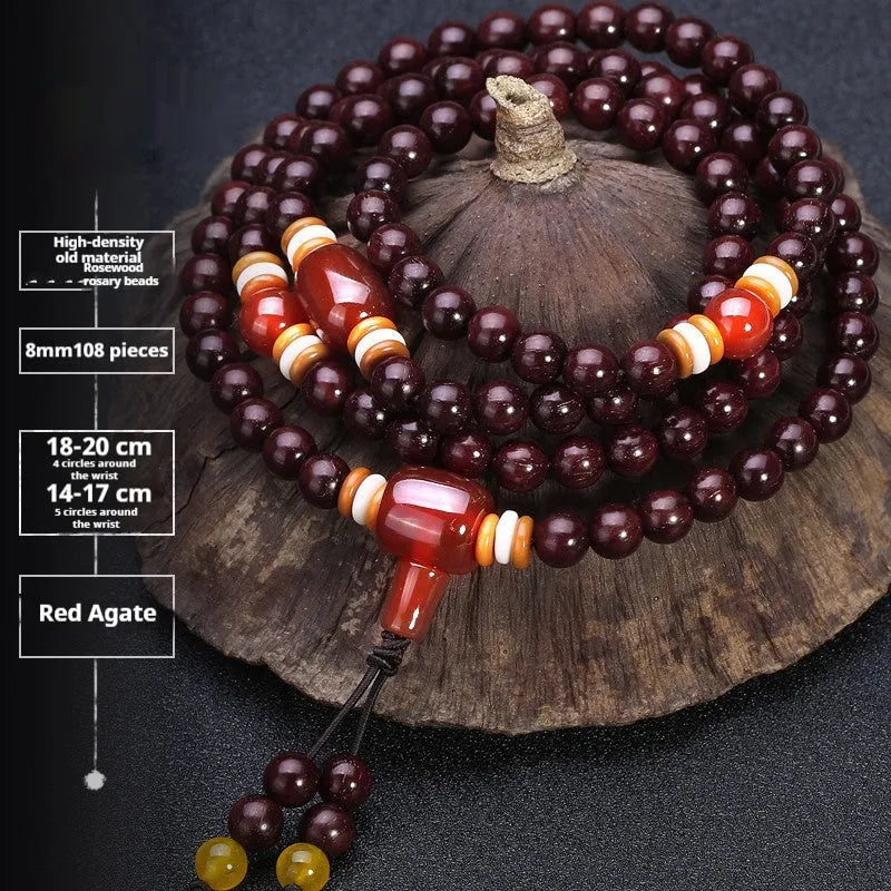Men's rosewood bracelet with 108 beads, showing 6mm and 8mm size options alongside styles like lapis lazuli and turquoise.