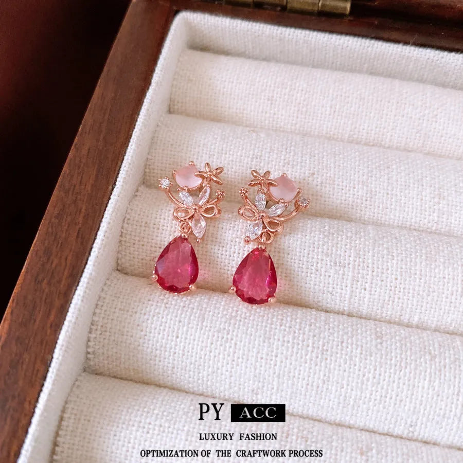 French style light luxury silver needle zircon flower drop earrings in rose gold on copper base