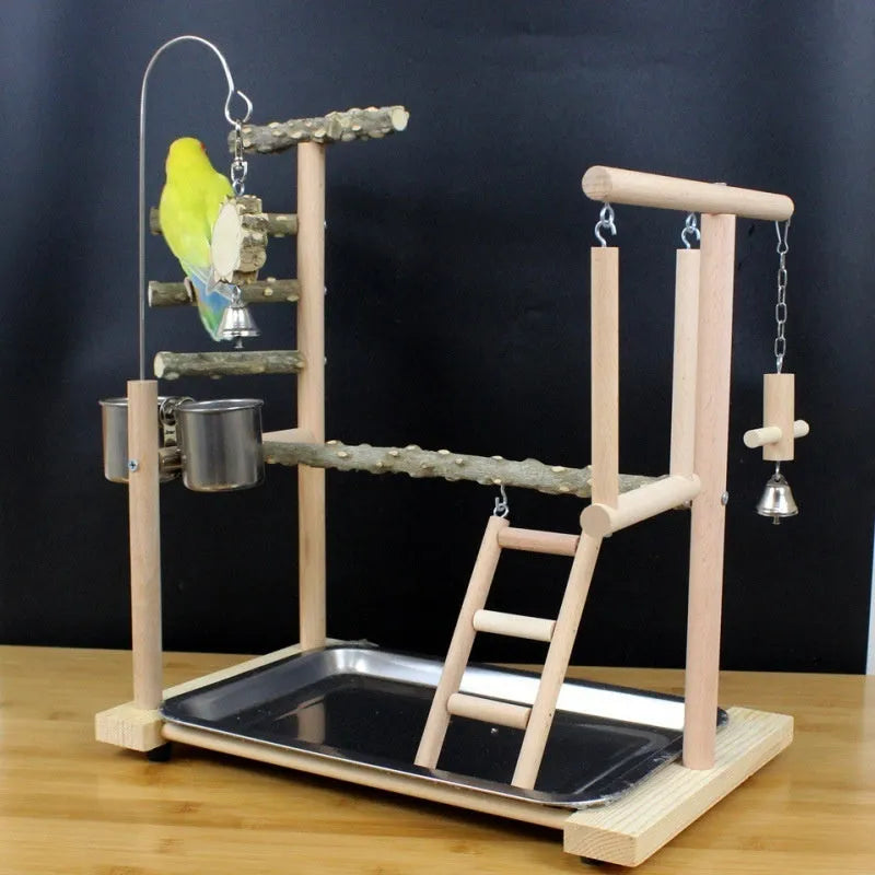 Natural pepper wood parrot play stand with multiple perches and an attached toy rack.