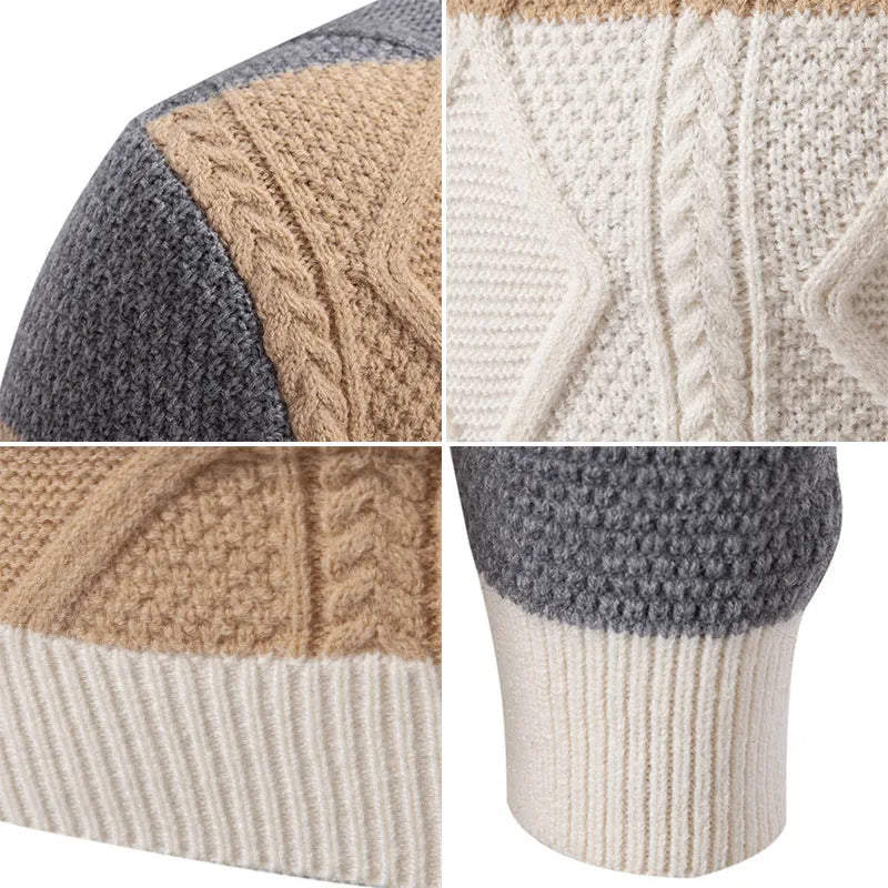 Men's fall winter loose fit colour block rhombus twisted sweater pullover in black, white and khaki