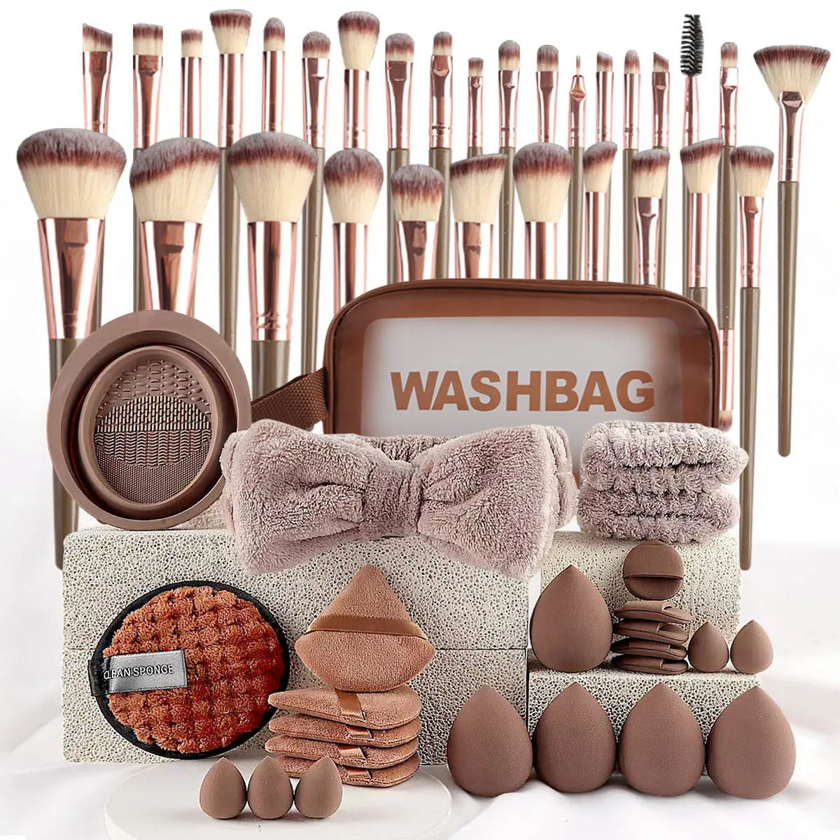 Hydrophilic non-latex beauty brush set with face washing and makeup application tools in brown, pink, or purple colours