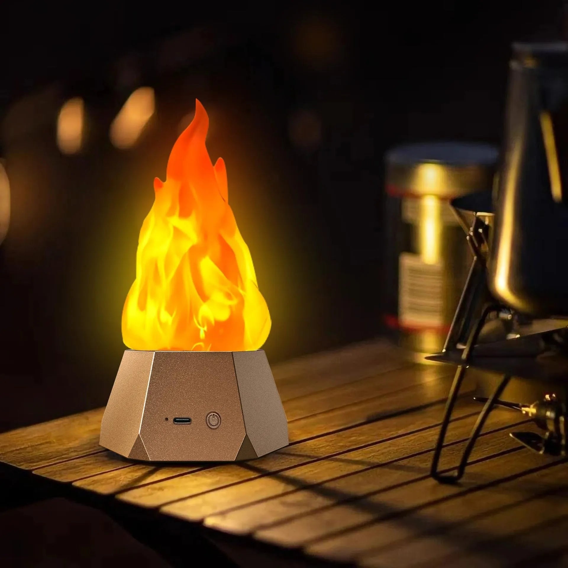 Solar-powered flame-shaped decorative light with charging base for outdoor camping and courtyard illumination