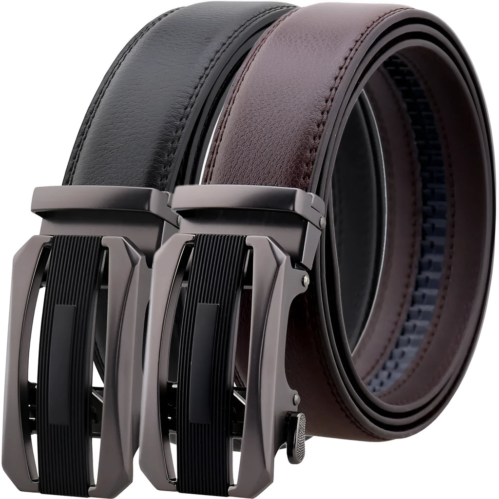 Men's automatic buckle belt in matte gun alloy finish with cowhide leather strap, black ribbon piece, 110-130cm
